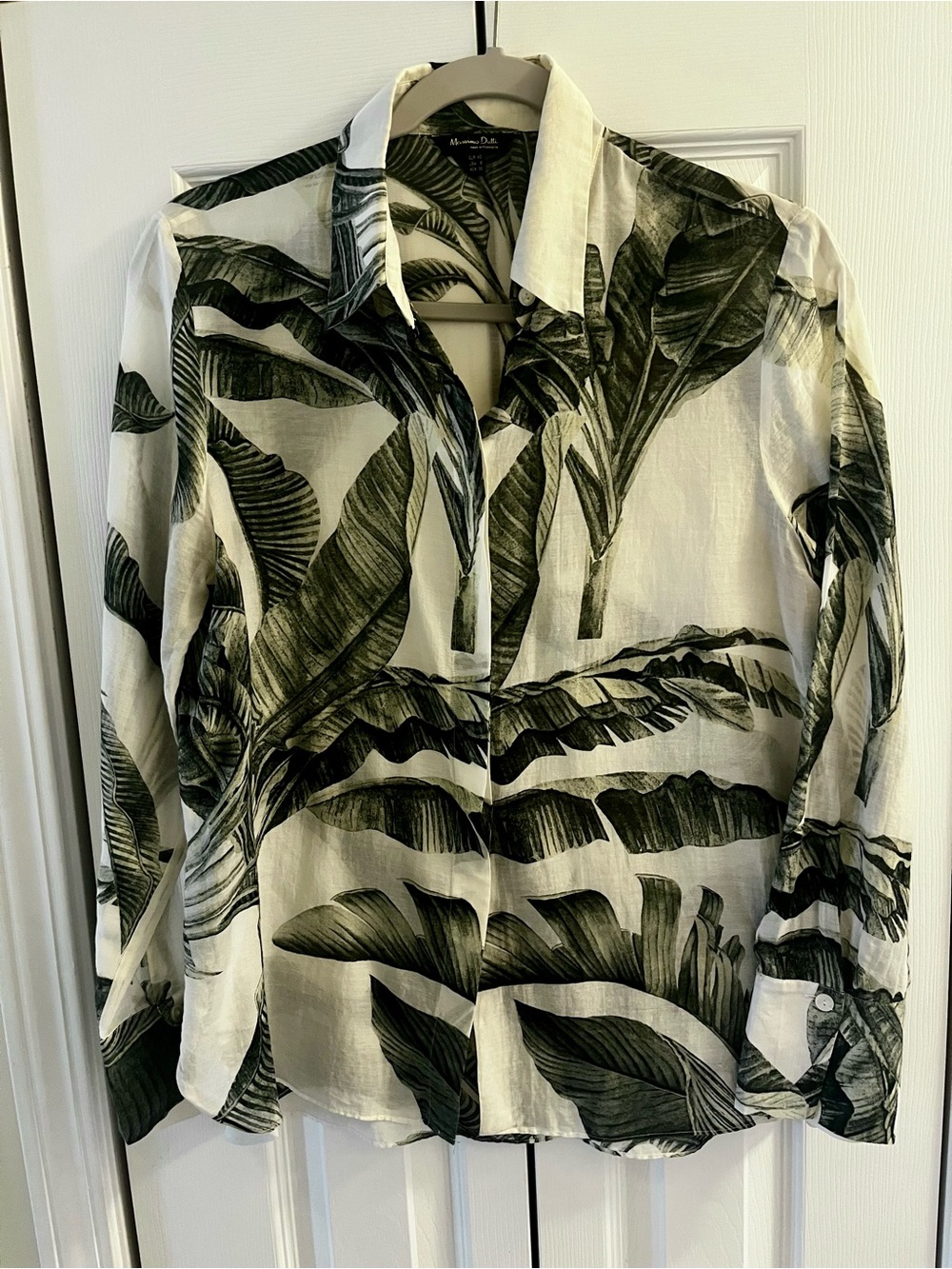 Gorgeous Massimo Dutti White Cotton/Silk Tropical Blouse w. Green Leaf Print